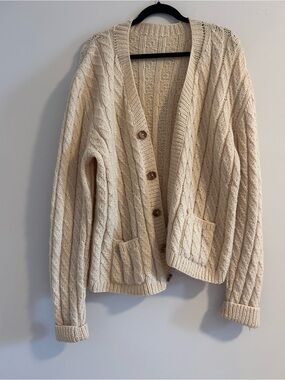 Men's XL Tall Handmade Cream Cable Knit Button-Front Cardigan